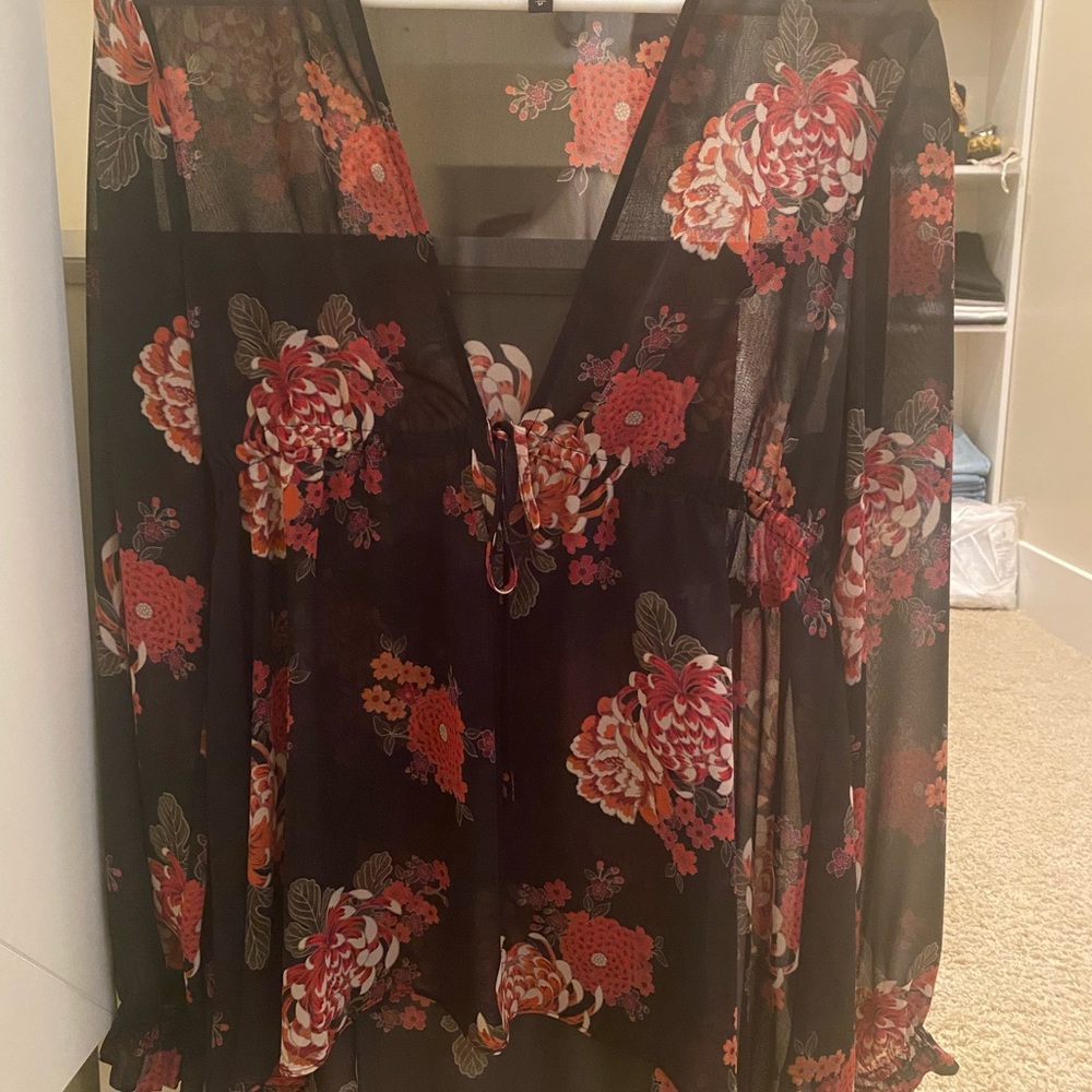 Express black and red sheer floral top